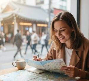 South Korea Visa: Smiling female traveler planning her South Korea trip, looking at a map of Seoul in a café with a traditional Korean building visible outside.