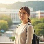 Confident female international student smiling on Seoul National University South Koreacampus.