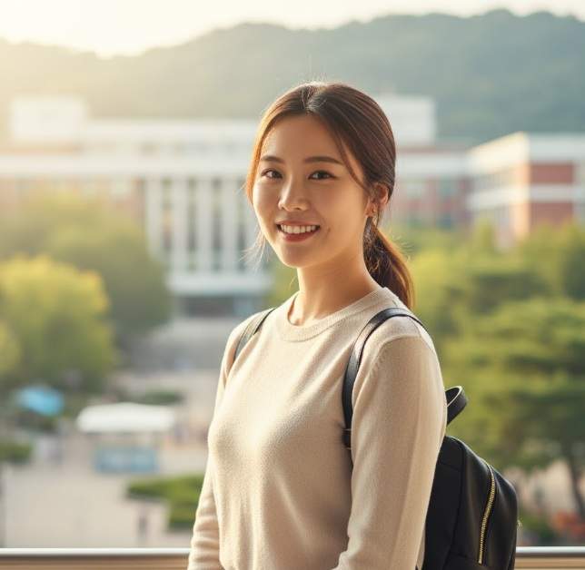 Confident female international student smiling on Seoul National University South Koreacampus.