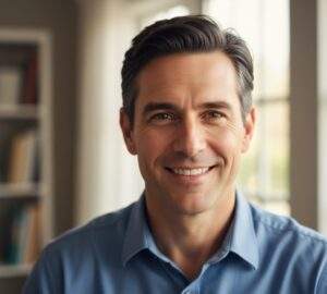 Close-up of a smiling male marketing manager, confidently looking at the camera in a comfortable office setting. 