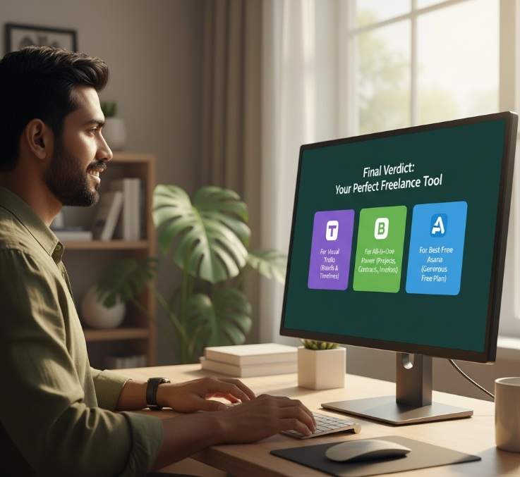 A happy male freelancer smiles at his computer screen, which displays a "Final Verdict: Your Perfect Freelance Tool" graphic, recommending specific tools like Trello, Bonsai, and Asana based on different freelancer needs.