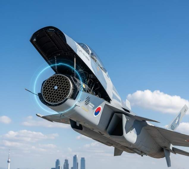 KF-21 Boramae fighter jet flying over Seoul with its nose cone open, revealing a glowing, advanced AESA radar array.