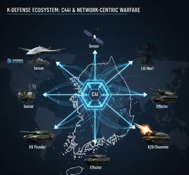 Illustrated diagram of South Korea's K-Defense C4I ecosystem connecting various military platforms.