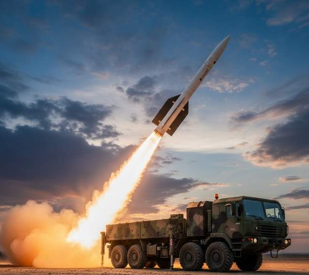 LIG Nex1 Cheongung II M-SAM missile launch against a dramatic sky.