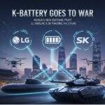 Illustration depicting the convergence of South Korean battery technology (LG, Samsung, SK) with advanced military assets like a submarine, tank, and drones against a futuristic Seoul skyline.