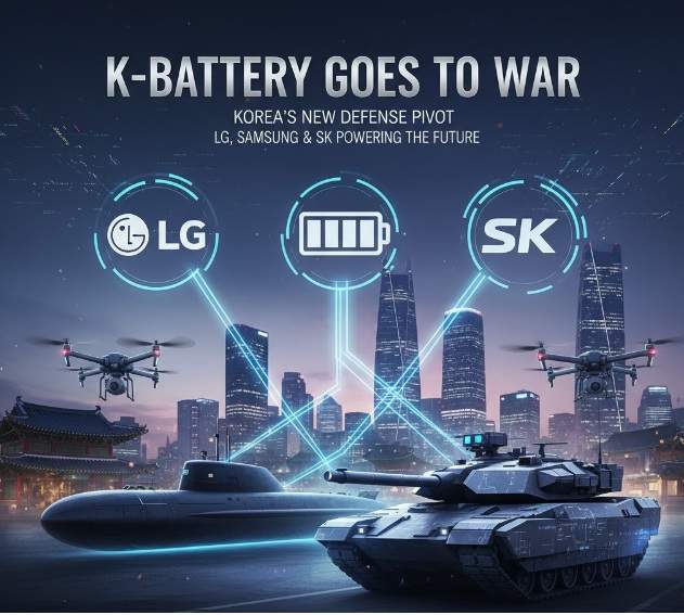 Illustration depicting the convergence of South Korean battery technology (LG, Samsung, SK) with advanced military assets like a submarine, tank, and drones against a futuristic Seoul skyline.