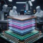 A vibrant, glowing HBM (High Bandwidth Memory) chip stack with multiple layers, resting on a circuit board. The background shows blurred cleanroom engineers and lab equipment, symbolizing advanced semiconductor manufacturing. The chip base is labeled "SAMSUNG" and "SK HYNIX."