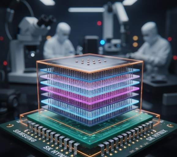 A vibrant, glowing HBM (High Bandwidth Memory) chip stack with multiple layers, resting on a circuit board. The background shows blurred cleanroom engineers and lab equipment, symbolizing advanced semiconductor manufacturing. The chip base is labeled "SAMSUNG" and "SK HYNIX."