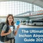 A female traveler with a backpack holding a T-Money card inside Incheon International Airport, with an AREX train and limousine buses visible outside.