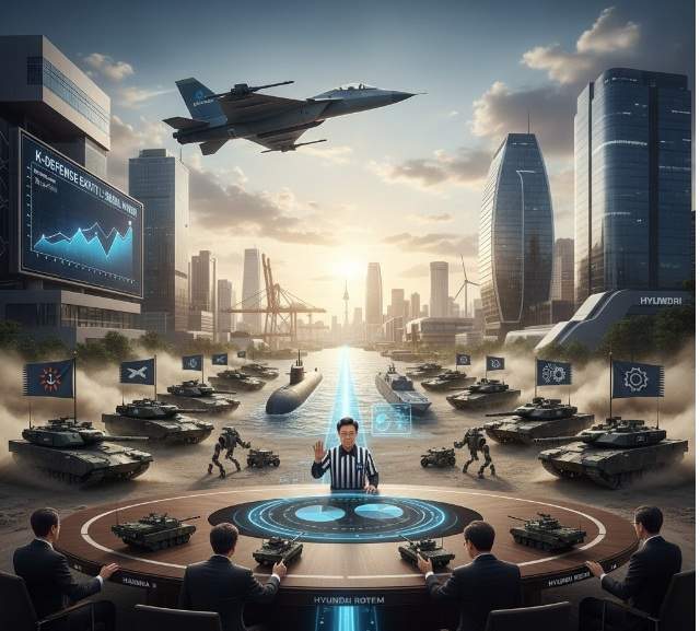 A dynamic illustration showing Hanwha and Hyundai Rotem executives seated at a modern conference table with holographic projections, facing a referee. Around them, various military hardware like tanks, artillery, a submarine, and jets are positioned, symbolizing the intense competition in K-Defense.