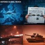 Hanwha vs KAI: A four-panel composite image. Top-left shows a KAI FA-50 jet and a Hanwha K9 howitzer over a blue map of Europe with "K-DEFENSE GLOBAL REACH" text. Top-right shows a person holding a "SEOUL ECONOMIC DAILY" newspaper with an "Urgent Financial Meeting" headline and images of Hanwha and KAI executives. Bottom-left features a Hanwha factory floor full of K2 tanks with "HANWHA PRODUCTION LINE: Powering Europe's Armies." Bottom-right depicts a KAI FA-50 jet in a hangar with "KAI FA-50 HANGAR: Europe's Next Fighter?".