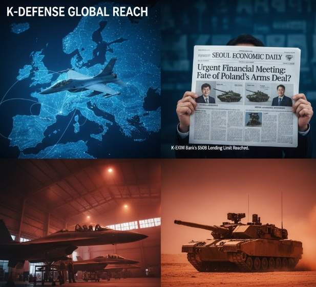 Hanwha vs KAI: A four-panel composite image. Top-left shows a KAI FA-50 jet and a Hanwha K9 howitzer over a blue map of Europe with "K-DEFENSE GLOBAL REACH" text. Top-right shows a person holding a "SEOUL ECONOMIC DAILY" newspaper with an "Urgent Financial Meeting" headline and images of Hanwha and KAI executives. Bottom-left features a Hanwha factory floor full of K2 tanks with "HANWHA PRODUCTION LINE: Powering Europe's Armies." Bottom-right depicts a KAI FA-50 jet in a hangar with "KAI FA-50 HANGAR: Europe's Next Fighter?".