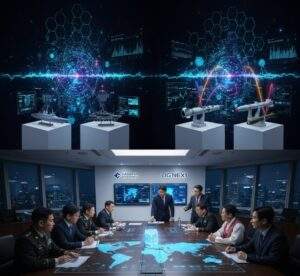 Digital visualization of interconnected AESA radar signals and data flowing between various Korean defense platforms (jet, ship, missile), representing network-centric warfare.