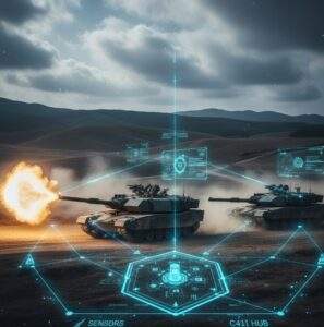 K9 Thunder howitzer firing alongside a K2 Black Panther tank with holographic C4I network data overlays.