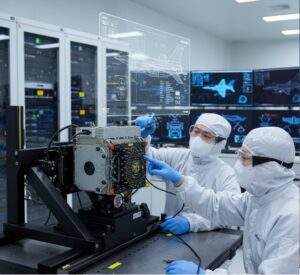 LIG Nex1 engineers working on a KF-21 AESA radar module in a high-tech lab.