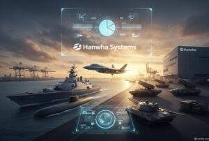 A panoramic view showcasing Hanwha's diverse defense capabilities: naval vessels (destroyer, submarine), land systems (tanks, artillery, missile launchers), and an advanced fighter jet in the air. A holographic overlay displays "Hanwha Systems" and a pie chart illustrating their "Land, Sea, Air, Space" integration strategy, with a cityscape and shipyard in the background.