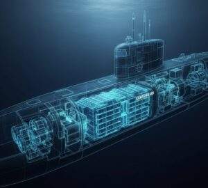 X-ray style illustration of a KSS-III submarine, highlighting its internal Samsung SDI lithium-ion battery system glowing with energy.