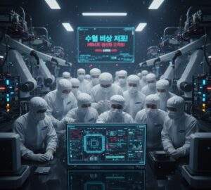 Samsung's HBM engineers in cleanroom suits intently gathered around a glowing holographic display showing HBM chip designs and yield data, with robotic arms and advanced machinery in the background. A large Korean sign above reads "수율 비상 저조! HBM3E 불량률 오조정!" (Yield Emergency! HBM3E Defect Rate Maladjustment!).