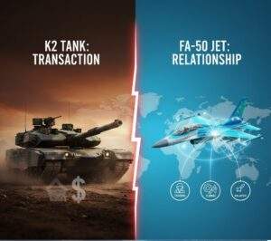Infographic comparing K2 Black Panther tank (transaction) with KAI's FA-50 jet (long-term relationship elements).