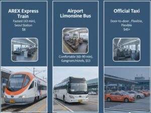 A split image showing the interior of an AREX express train, an airport limousine bus at the curb, and a line of official Korean taxis.