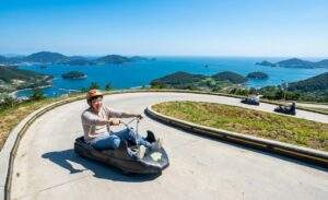 South Sea ocean view while riding the Tongyeong Skyline Luge cart down the track