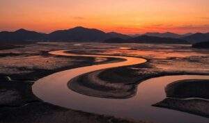 A high-angle panoramic photograph from Yongsan Observatory at sunset, showing an S-shaped river winding through dark tidal mudflats that reflect the orange and red sky.