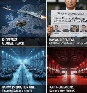A four-panel composite image. The top-left panel displays a KAI FA-50 jet flying over a blue map of Europe, with the text "K-DEFENSE GLOBAL REACH." The top-right panel shows a person holding a "SEOUL ECONOMIC DAILY" newspaper with an English headline "Urgent Financial Meeting: Fate of Poland's Arms Deal?". The bottom-left panel features multiple FA-50 jets in a hangar with dramatic red lighting. The bottom-right panel shows a Hanwha K2 Black Panther tank in a dusty, orange-hued landscape at sunset.
