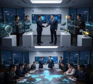 A split image showing the logos of Hanwha Systems and LIG Nex1, with representative advanced sensors (radar) and guided munitions (missile) on display in a modern, sophisticated tech environment