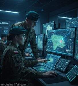 K-Defense Ecosystem: Polish military personnel operating a K-Defense C4I Battle Management System in a control room.