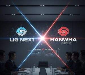 LIG Nex1 and Hanwha Group logos side-by-side, symbolizing fierce domestic competition.