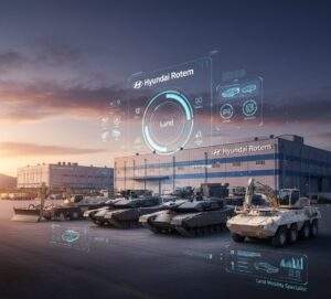 A modern industrial setting with multiple Hyundai Rotem K2 Black Panther tanks, an K808 White Tiger armored vehicle, and specialized engineering vehicles lined up. Holographic interfaces above the vehicles emphasize "Hyundai Rotem" and its "Land Mobility Specialist" focus, detailing various land-based defense technologies.