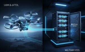 K-Battery: Split image showing a futuristic military drone/UAM aircraft on one side and an LG Energy Solution military-grade Energy Storage System (ESS) in a secure facility on the other, connected by energy lines.
