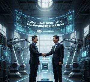 Two executives, representing Nvidia and Samsung, shake hands in a futuristic factory setting with robotic arms and large holographic screens displaying "NVIDIA + SAMSUNG: The AI Megapartnership for HBM4." A glowing HBM4 chip model stands between them.