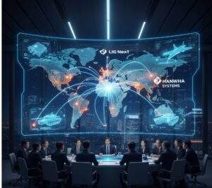 A holographic global map centered on South Korea, with glowing lines extending to international export markets for defense technology, featuring subtle icons of AESA-equipped jets and missile systems