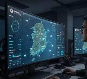 A Korean military analyst monitoring a Hanwha Systems C4I interface displaying South Korean defense assets