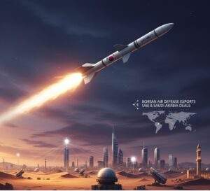 Graphic showing an M-SAM missile flying over a Middle Eastern landscape, symbolizing export success.