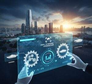 An overhead view of a modern Korean cityscape at dusk, with hands interacting with a large holographic display. The display shows "DAPA - K-Defense Stewardship" with two large gears representing Hanwha and Hyundai Rotem, labeled for "R&D Optimization" and "Export Competitiveness," all centered around an "Export Growth" indicator, illustrating DAPA's role in managing the defense industry.