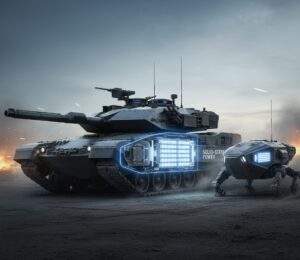A powerful, close-up shot of a modern main battle tank (like the K2 Black Panther, hinting at K3) with a translucent overlay showing an internal solid-state battery pack. The battery pack should glow with a safe, stable energy, contrasting with hints of robust armor plating. Adjacent, a sleek, unmanned ground vehicle (UGV) or military robot with similar glowing battery elements. The background should be a dynamic battlefield or testing ground. Include subtle "Solid-State" text or icon.