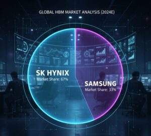 A glowing pie chart showing the estimated global HBM market share for 2024, with SK Hynix at 67% (blue) and Samsung at 33% (magenta), overlaid on a futuristic control room with analysts monitoring data screens.