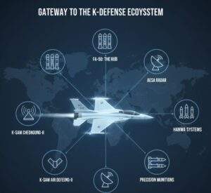 FA-50 jet as central hub connecting various K-Defense systems like missiles, radars, and air defense.