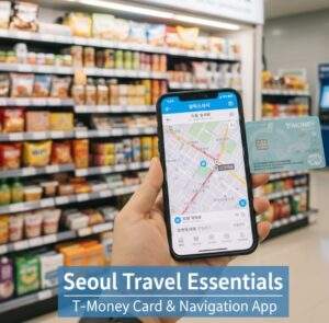 A close-up of a hand holding a T-Money card and a smartphone displaying a Korean map app in front of an airport convenience store.