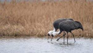 Suncheon Bay: A telephoto photograph of two Hooded Cranes, with white heads and dark grey bodies, foraging in the shallow water of the Suncheon Bay wetlands with dried reeds in the background.