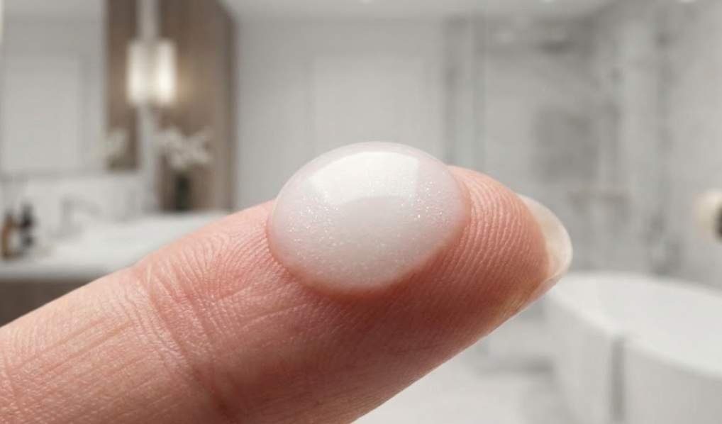 VT Reedle Shot 100 vs 300: A macro shot of a drop of milky white VT Reedle Shot serum on a fingertip, showing its unique, slightly glistening texture.