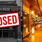 Split image showing a closed Dragon Hill Spa entrance on the left and a warm, traditional Korean sauna interior at Sparex Dongdaemun on the right.