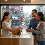 A modern dental clinic reception in Itaewon, Seoul, where a friendly Korean receptionist hands a document to a smiling international couple at sunset.