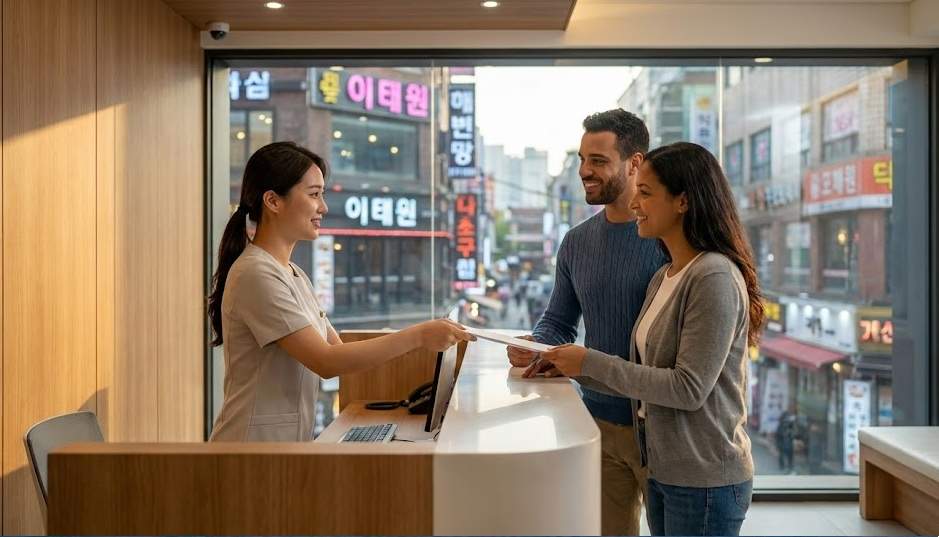 A modern dental clinic reception in Itaewon, Seoul, where a friendly Korean receptionist hands a document to a smiling international couple at sunset.