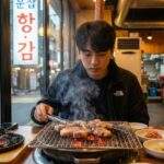 A young male solo traveler grilling pork belly on a personal charcoal grill by a window in a bustling Seoul Korean BBQ restaurant.