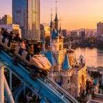 Lotte World Magic Pass Premium: Atlantis Adventure roller coaster at Lotte World Magic Island during sunset.