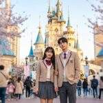 Couple in Korean school uniforms posing in front of Lotte World castle with cherry blossoms during spring.