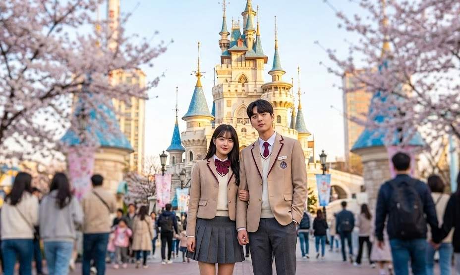 Couple in Korean school uniforms posing in front of Lotte World castle with cherry blossoms during spring.